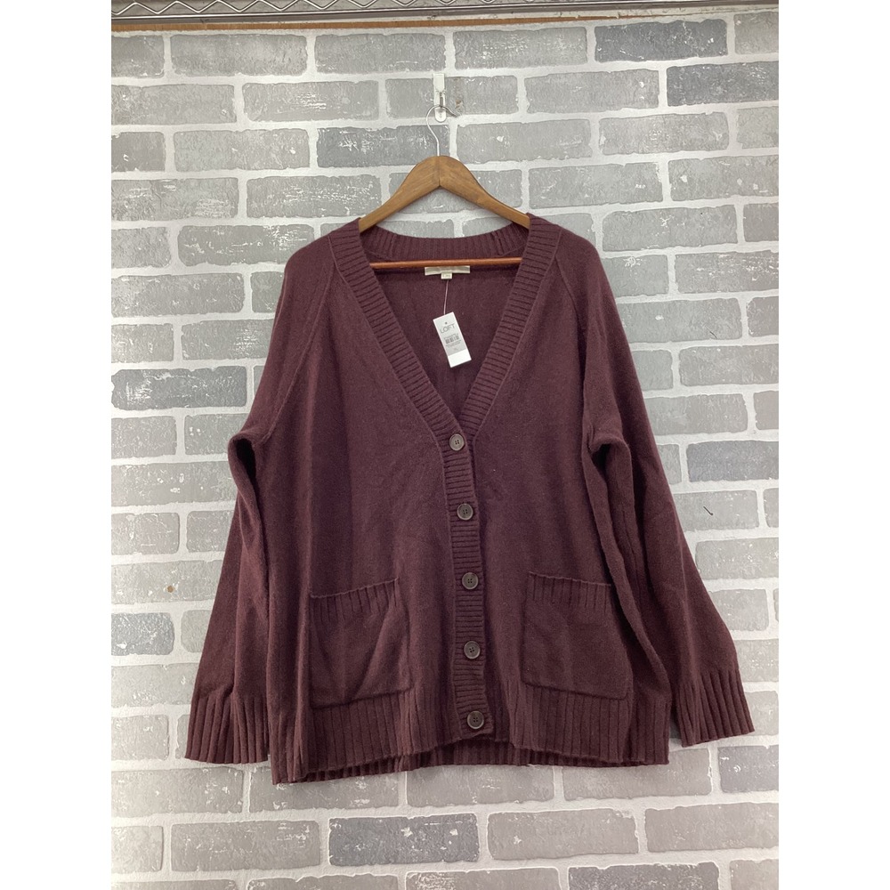 LOFT Cashmere Cardigan Sweater Womens XL Burgundy Plum V-Neck Button Front NWT